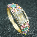 Fashion Colorful Flower Rhinestone Alloy Bangle Watch For Women B041